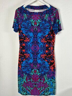 ECI New York Womens Abstract Print Short Sleeve Sheath Dress Size 10 Stretch New